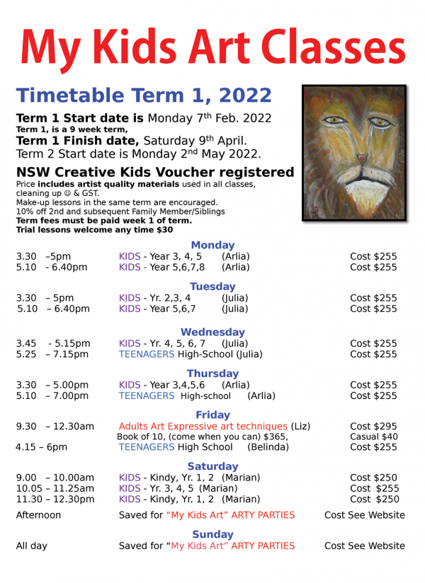 art classes timetable term 1 2020